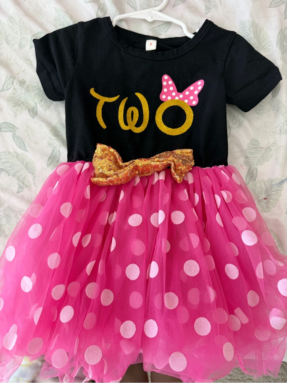 Girls' Pink Polka Dot 'Two' Tutu Dress with Gold Bow